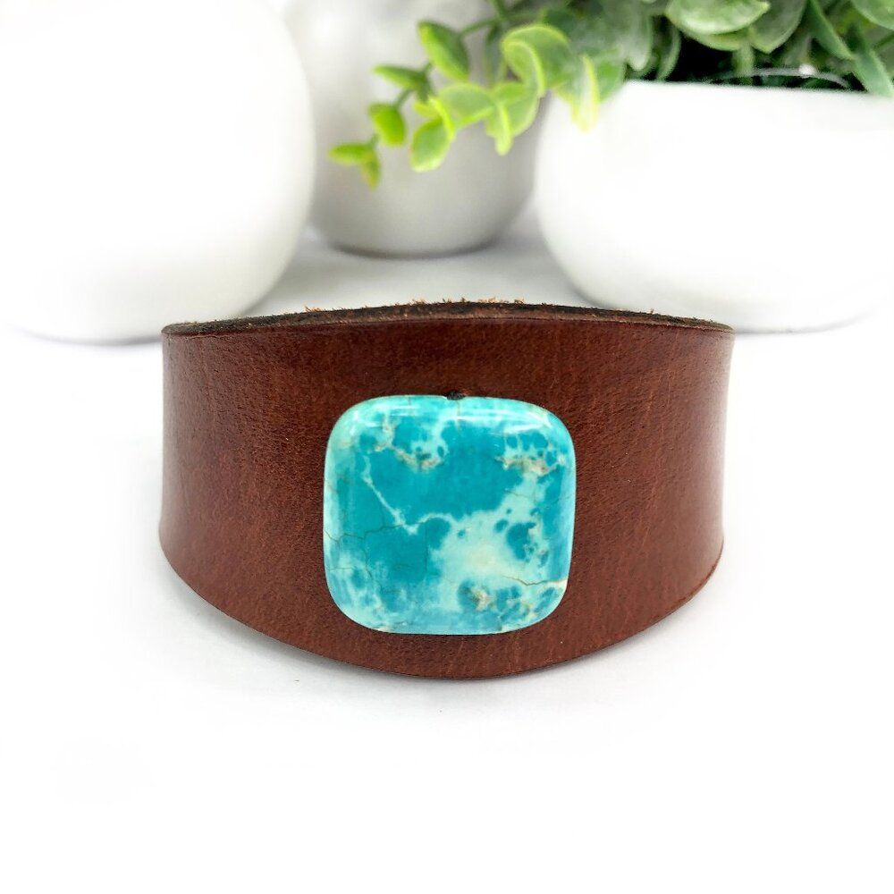 Handmade MishaGirl Leather and Turquoise Color Stone Cuff Bracelet